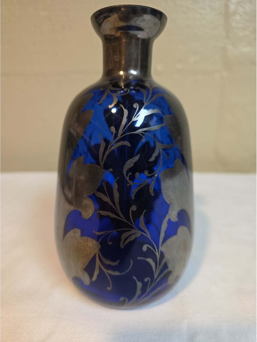 Antique Cobalt Blue With Sterling Silver Overlay Decanter (No Lid)